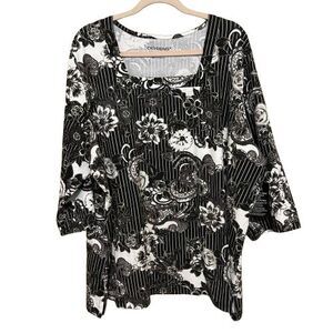 NWOT Catherines Ultra-Soft Square Neck Tee Womens 3X Black Pinstripe Floral Boho
